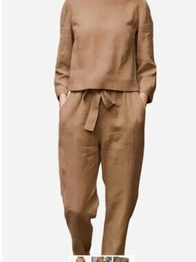 North Two Piece Khaki Cotten Linen Set Long Sleeve XL